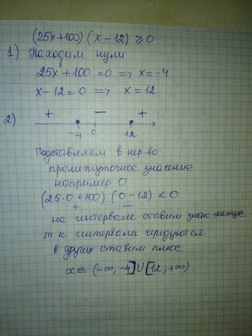 Решить методом интервалов неравенство. (9класс)(25x+100)(x-12)(знак больше или равно) 0