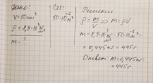 Чему равна масса медной детали объемом 50 см в кубе