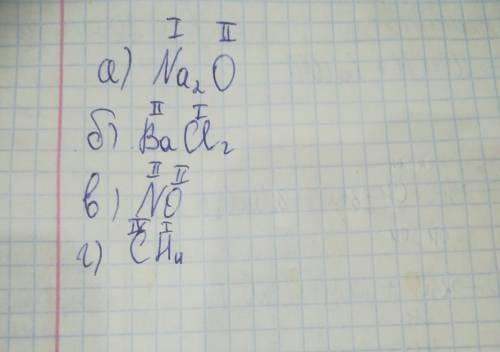 Определите валентности элементов по формуле вещества: а) na2o б)bacl2 в) no г) ch4 (цифры в формулах