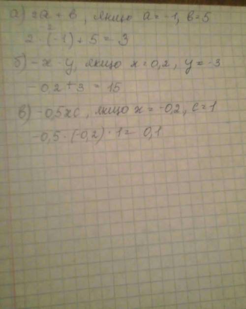 161. обчисліть значення одночлена: а) 2а+б, якщо a=-1, b = 5; б) —x-у, якщо =0,2, y=-3: в) -0,5хс, я
