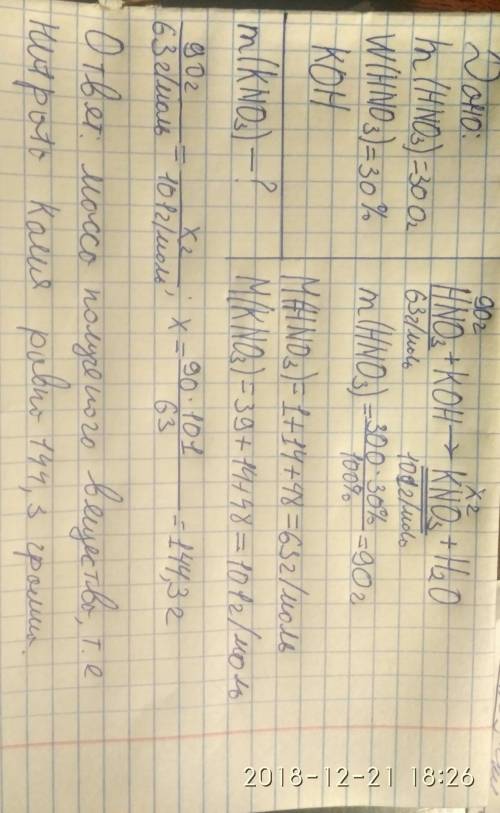 Определите массу полученного при взаимодействии 300г 30% раствора азотной кислоты с гидроксидом кали
