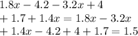 1.8x - 4.2 - 3.2x + 4 \\ + 1.7 + 1.4x = 1.8x - 3.2x \\ + 1.4x - 4.2 + 4 + 1.7 = 1.5