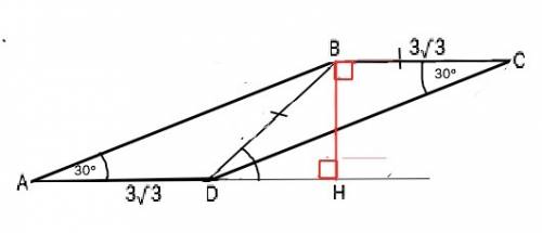 Впараллелограмме abcd угол bad=30 градусов,bd=bc= 3√3 см.найдите площадь пераллелограмма
