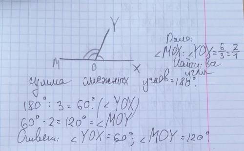 Найдите смежные углы yox и moy , если ∠moy: ∠yox=6: 3