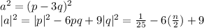 a^{2} =(p-3q)^{2} \\|a|^{2}=|p|^{2}-6pq+9|q|^{2} = \frac{1}{25}-6(\frac{n}{2} )+ 9