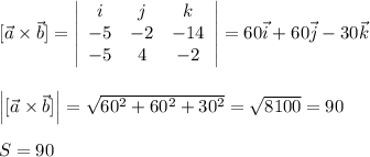 [\vec{a}\times \vec{b}]=\left|\begin{array}{ccc}i&j&k\\-5&-2&-14\\-5&4&-2\end{array}\right|=60\vec{i}+60\vec{j}-30\vec{k}\\\\\\\Big |[\vec{a}\times \vec{b}]\Big |=\sqrt{60^2+60^2+30^2}=\sqrt{8100}=90\\\\S=90