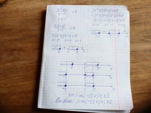 Найдите все решения неравенства x^2-4x/x-1< =0, которые удовлетворяют неравенству (x^2-1)(3-x)&gt