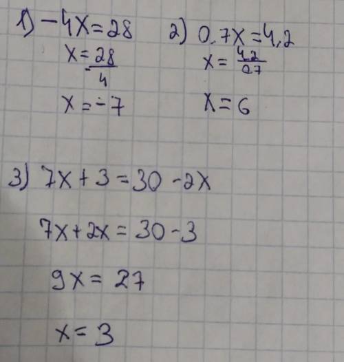 Решить уравнения. 1. -4х=28 2. 0,7х=4,2 3. 7х+3=30-2х