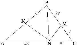 Дано: s(aвс)&nbsp; = 36 cм2, an : nc = 3 : 1, вм : мс = 2 : 1,ак = вк.найти: а) s(cmn) - ? б) s(akn)
