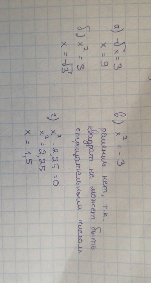 решите то что знаетеа)√x=3б)x²=3в)x²=-3г)x²-2,25=0​