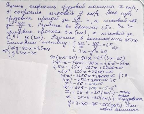 Расстояние между двумя городами, равное 90 км, легковой автомобиль проезжает на 1,5 ч быстрее, чем г