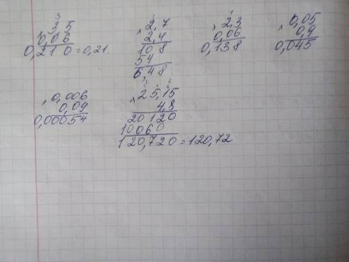 1)00,6•3.5;2) 2.7•2,4;3) 0,06•2,34)0,05•0,95)0, 006•0, 096)25,15•4,8решите