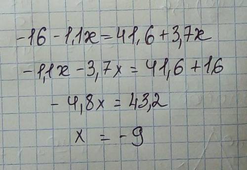 −16−1,1x=41,6+3,7x Розв’яжи рівняння