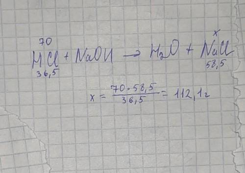 Определить массу соли, которая образуется при взаимодействии 70 г соляной кислоты с гидроксидом натр