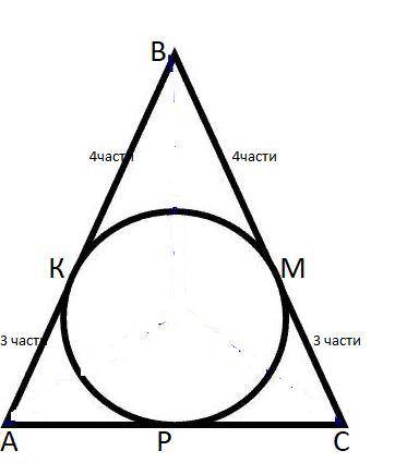 Боковая сторона равнобедренного треугольника делится точкой касания вписанной окружности в отношении