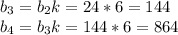 b_{3}=b_{2}k=24*6= 144\\b_{4}=b_{3}k=144*6=864