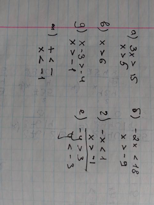 1. Решите неравенства : a) 3х>15 b) -2х<18 c) х>6 d) –х< e) х−3>-4 f) −y>3 g) +&lt