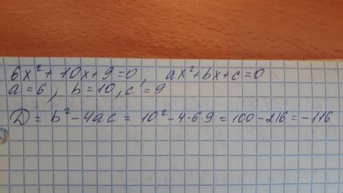 Найди дискриминант квадратного уравнения 6x2+10x+9=0. ответ: D=