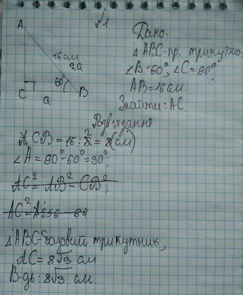 В прямоугольном треугольнике АВС ∠С = 90, АВ = 16 см, ∠В = 60 0. Найдите АС.