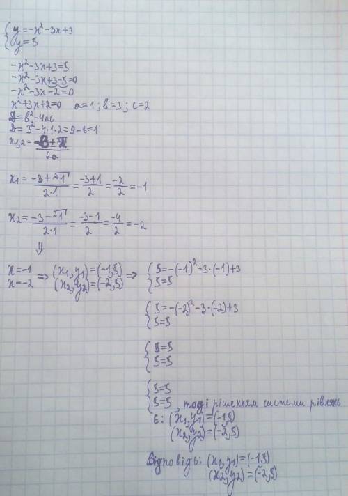 Розв'яжіть систему рівнянь {y=-x^2-3x+3, y=5