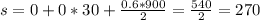 s=0+0*30+\frac{0.6*900}{2} =\frac{540}{2} =270