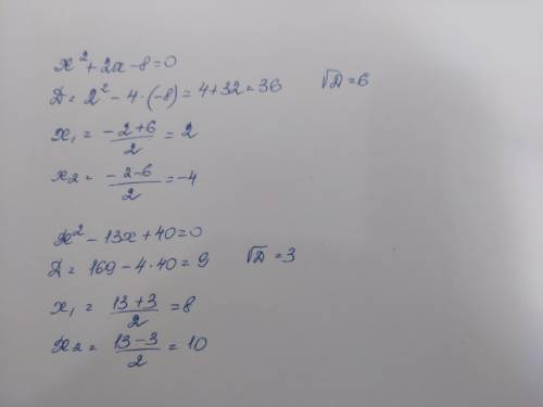 Решите через дискриминат х²+2х-8=0 х-13х+40=0