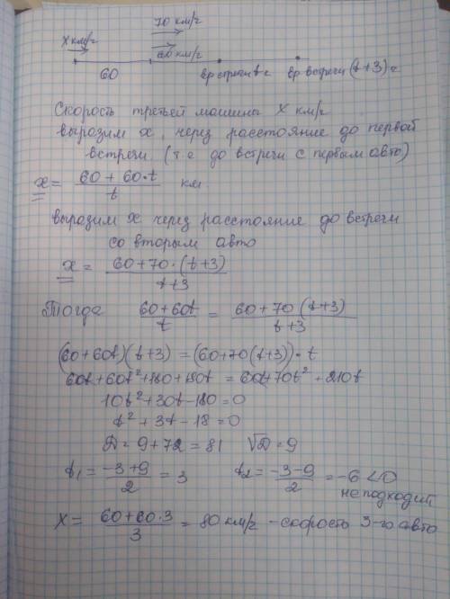 из А в B выхали две автомашины с одинаковыми скоростями 60 км.ч, через час вслед за ними выехала тре