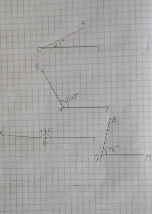 Постройте < AOC = 25° , < KMP = 120° , < BOM = 76° , < ABC = 175°