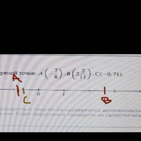 Отметьте обозначенные на координатной прямой точки A (- 7/8) B (2 2/11) C (-0,71).