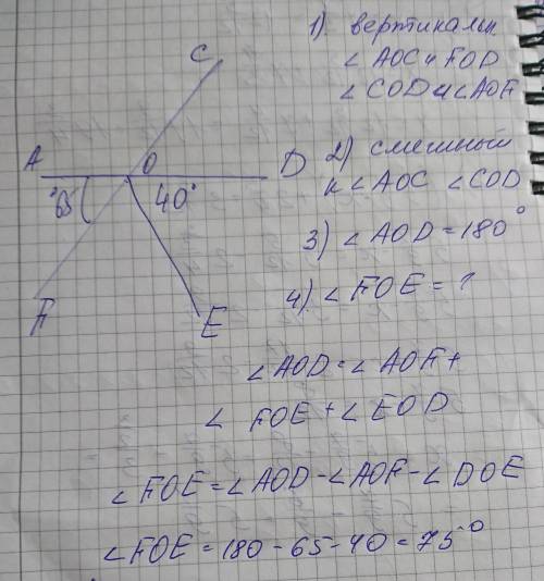 умоляю запишите 2 пары вертикальных углов2)запишите угол смежный с углом aoc3)найдите величину угла