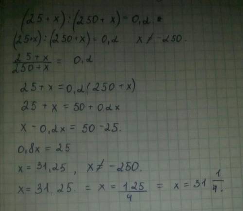 Решите уравнение (25+х):(250+х)=0,2