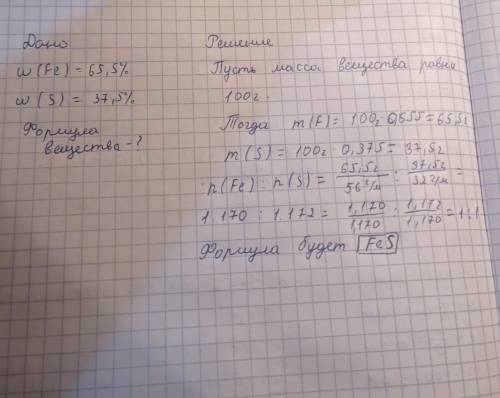 Найти формулу сульфида железа если w(fe)=65,5% w(s)=37,5%​