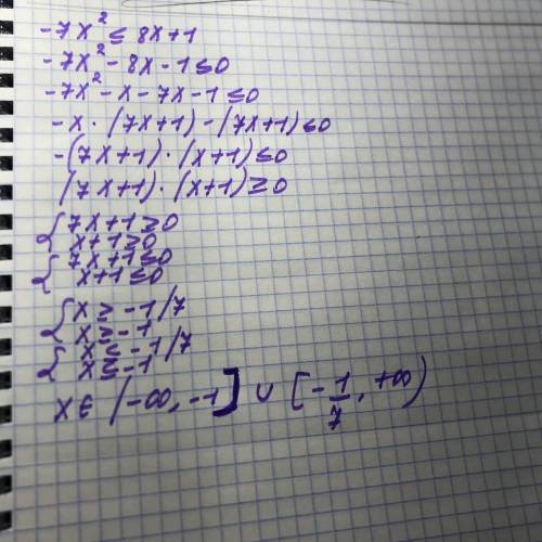 -7x^2<=8x+1 Решить неравенство методом интервала