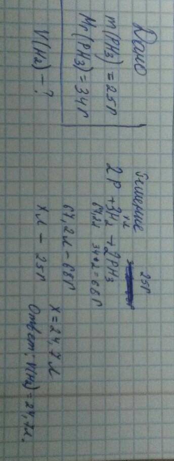 Дано: Решение: m (PH3)= 25г Найти: V(H2)-? ​