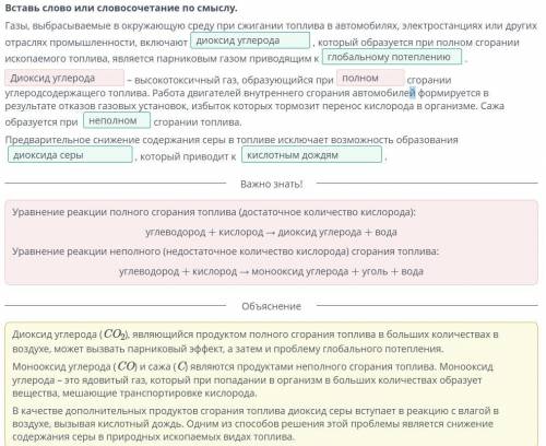 Вставь слово или словосочетание по смыслу. Газы, выбрасываемые в окружающую среду при сжигании топли