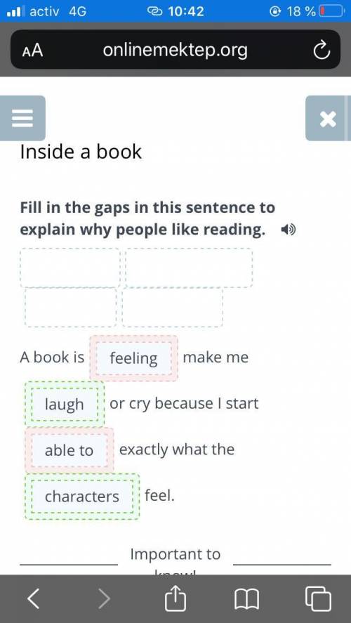 Fill in the gaps in this sentence to explain why people like reading. :)I feeling+ characters+ laugh