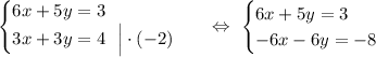 \begin{equation*}\begin{cases}6x + 5y = 3\\3x + 3y = 4\ \ \Big| \cdot(-2)\end{cases}\end{equation*}\ \ \ \Leftrightarrow\ \begin{equation*}\begin{cases}6x+5y=3\\-6x - 6y = -8\end{cases}\end{equation*}