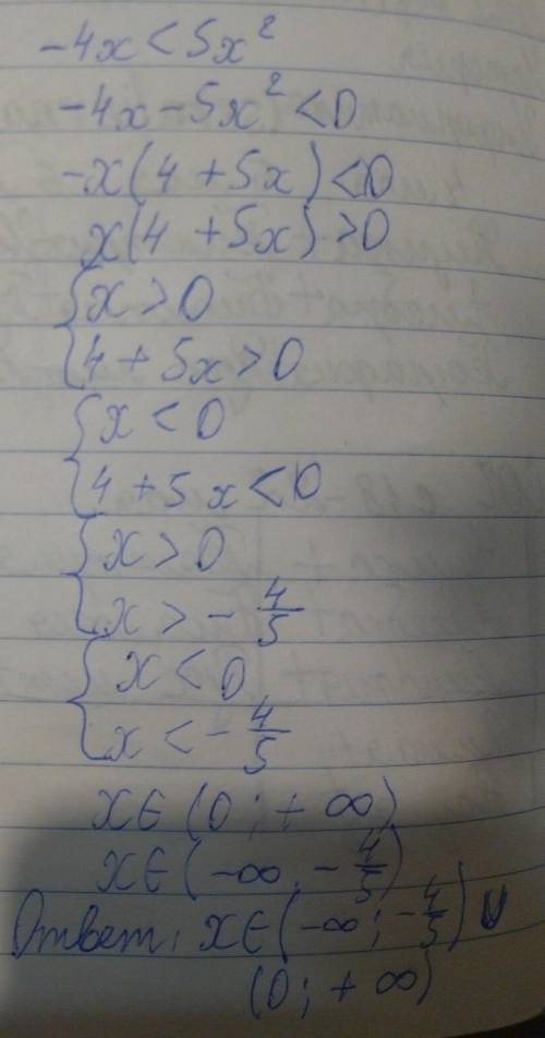Найдите множество решений неравенства: 6x²≥5x; -4x<5x²