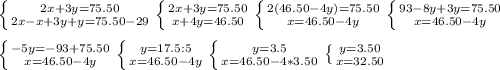 \left \{ {{2x+3y=75.50} \atop {2x-x+3y+y=75.50-29}} \right. \left \{ {{2x+3y=75.50} \atop {x+4y=46.50}} \right. \left \{ {{2(46.50-4y)=75.50} \atop {x=46.50-4y}} \right. \left \{ {{93-8y+3y=75.50} \atop {x=46.50-4y}} \right. \\\\\left \{ {{-5y=-93+75.50} \atop {x=46.50-4y}} \right. \left \{ {{y=17.5:5} \atop {x=46.50-4y}} \right. \left \{ {{y=3.5} \atop {x=46.50-4*3.50}} \right. \left \{ {{y=3.50} \atop {x=32.50}} \right.