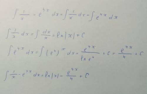 Найдите первообразную для функции F(x)= 1/x- e^4x