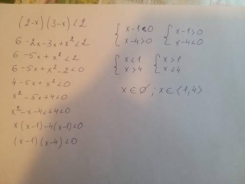 Решите уравнение вас (2 - x)(3 - x) < 2;​