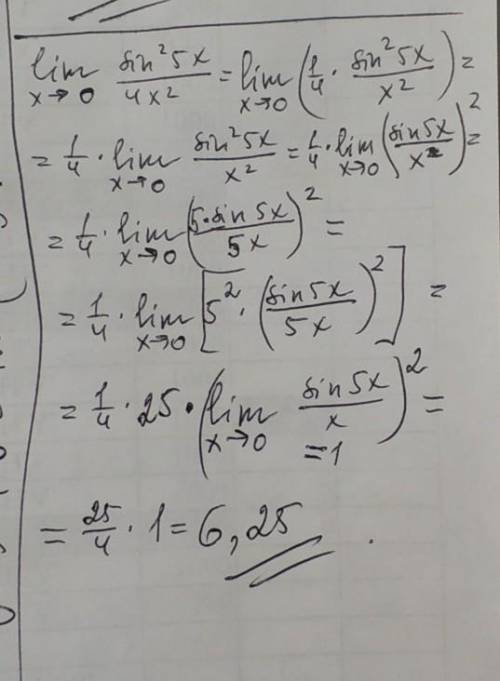 Lim x стремится к 0 sin^2 (5x)/4x^2​