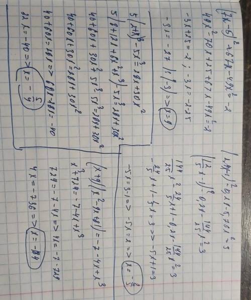 Решите уравнения: 1)(7x-5)²+67x-49x²=-2 2)(2,4x-1)²-0,2x-5,76x²=33)5(2+x)³-5x³=28x+30x² 4)(x+9)(x²-9