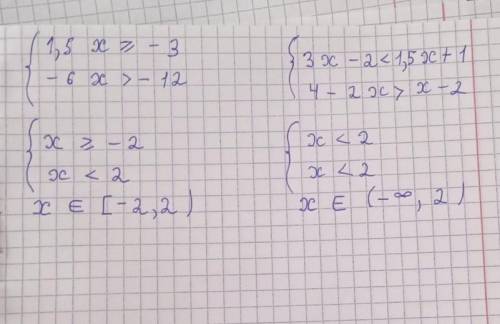 Решите системы неравенств: а){1,5х≥-3{-6х>-12b){3х-2<1,5х+1{4-2х>х-2{ - это одна большая ск