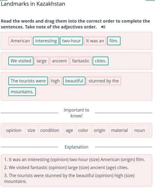 Landmarks in Kazakhstan Choose the most correct option of adjectives order in the following sentence