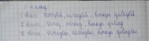 3- mashq. fe'llarni ko'plik shaxs shakllariga qo'yib yozing. 4- mashq. qavs ichidagi fe'llarga buyru