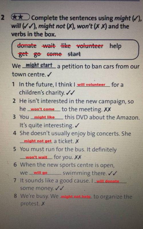 Complete the sentences using might, will, might not, won't and the verbs in box.​