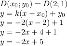 D(x_0;y_0)=D(2;1)\\y=k(x-x_0)+y_0\\y=-2(x-2)+1\\y=-2x+4+1\\y=-2x+5