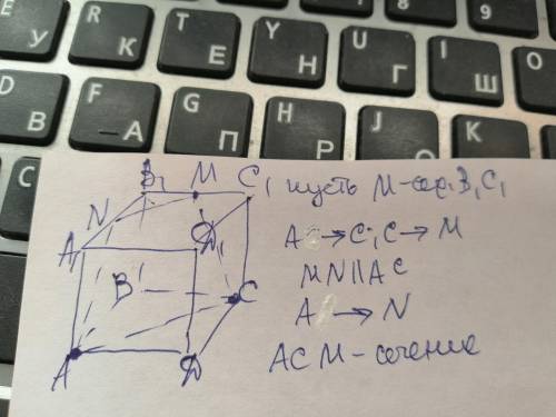 Побудуйте переріз куба АDCDA1B1C1D1 площиною, яка проходить через точки: A C M. Де М середина ребра