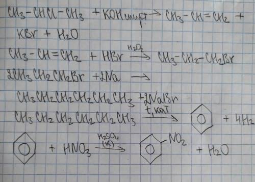 Цепочки по химии: 1) 2-хлорпропан (KOH, спирт)--->X1(HBr, H2O)--->X2(Na,t)--->X3(t,k)---&gt